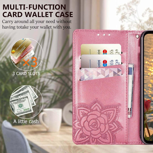 Women Flip Folio Cover for iPhone 11 Wallet Case, Butterfly Embossed PU Leather with Credit Card Holder Slots, Magnetic