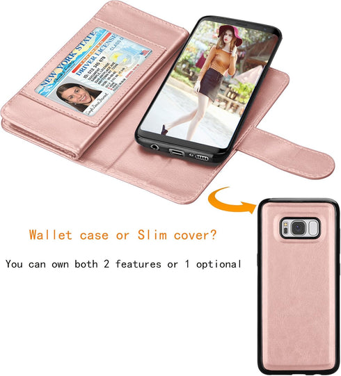 NJJEX Wallet Case for Galaxy S8, PU Leather, Rose Gold, 9 Card Slots, Detachable, Kickstand, Magnetic