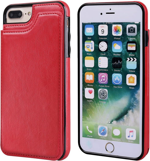 OT ONETOP Wallet Case for iPhone 7 Plus/8 Plus, PU Leather Kickstand with Card Holder, Red