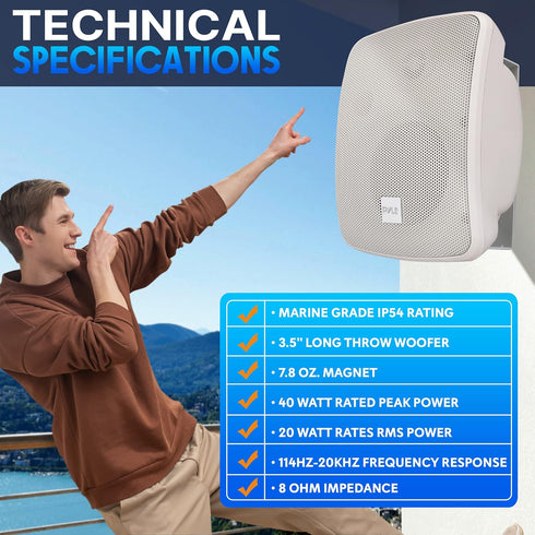 Pyle Outdoor Waterproof Patio Speaker - 3.5" 2-Way Weatherproof Dual Speaker for Indoor/Outdoor Use (White)
