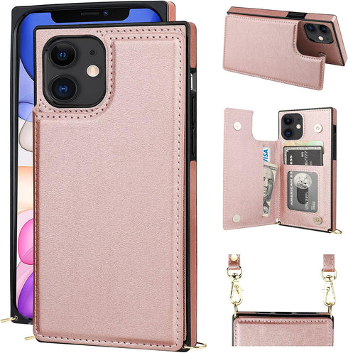 Bocasal Crossbody Wallet Case for iPhone 11, 6.1 inch, Rose Gold, PU Leather, Credit Card Holder, Shockproof,