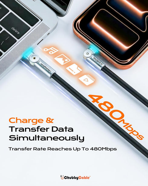 240W 180 3.3ft chubbycable Chubby RotateX Dual Rotating Fast Charging Cable with LED Light Soft Silicone USB C Cable