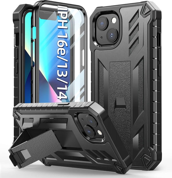 Protective Case for iPhone 13/14: Heavy Duty Military Grade Black Cover with Built-in Kickstand, Shock Proof Dual-Layer