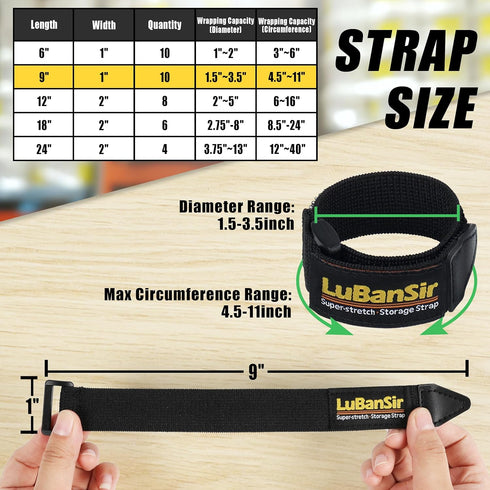 LuBanSir Cinch Straps, 1" x 9" (10 Pack) - Elastic Hook and Loop Fastening Cable Strap for Organization and Storage