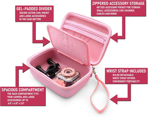 CASEMATIX Camera Travel Case for PROGRACE, Ourlife, Dragon Touch and More Waterproof Toy Camera Video Recorders - Pink
