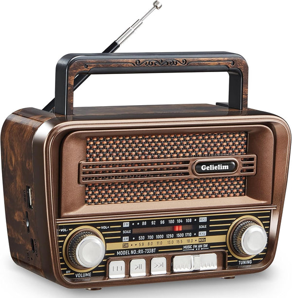 Gelielim Portable Radio AM FM, Retro Bluetooth 5.3 Speaker, Shortwave Radio, Battery Powered Radio, Support TF