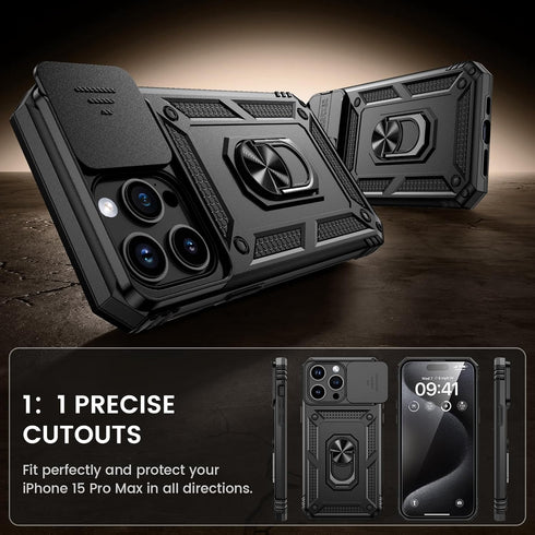 Goton iPhone 15 Pro Max Case - Heavy Duty Shockproof Bumper with Screen Protector & Slide Camera Cover, Black