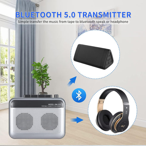 Portable Cassette Player Recorder with Bluetooth Transmitter, Walkman with Headphone Jack and Built-in Speaker