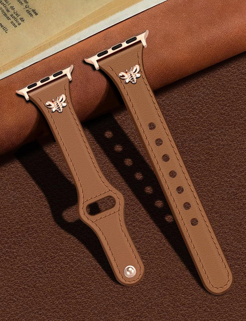 Slim Leather Bands with Charms for Women, Compatible with Apple Watch Band 38mm 40mm 41mm