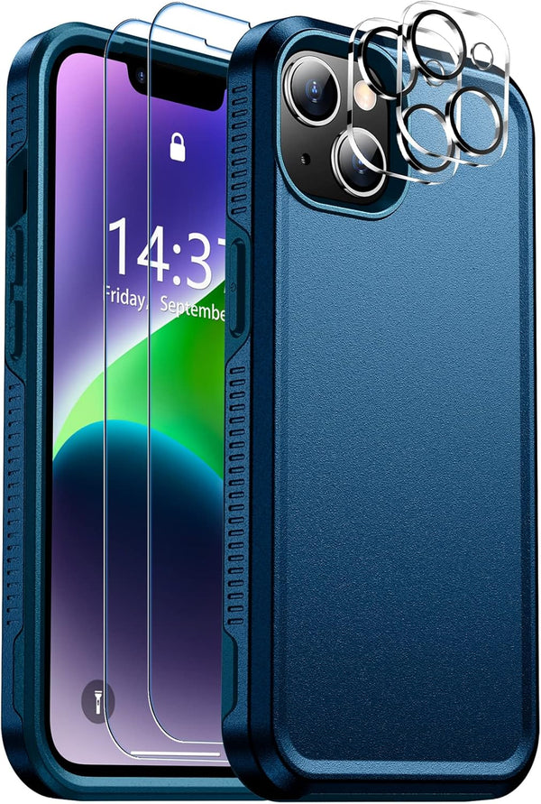 SPIDERCASE Heavy Duty Shockproof Case for iPhone 14/15, Sea Blue, 15 FT Drop Protection, Non-Slip, 2 Pack Protectors.