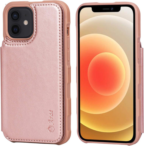 Arae Rose Gold Wallet Case for iPhone 12/12 Pro 6.1 Inch with Card Holder - PU Leather Back Flip Cover