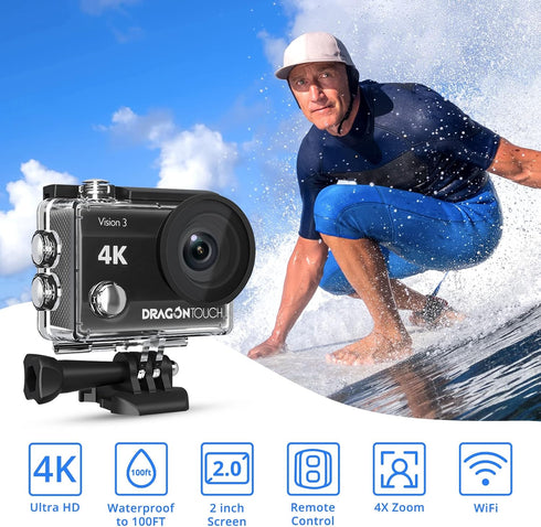 Dragon Touch 4K Action Camera, 20MP Vision 3 Underwater Waterproof Camera with 170° Wide Angle & Remote