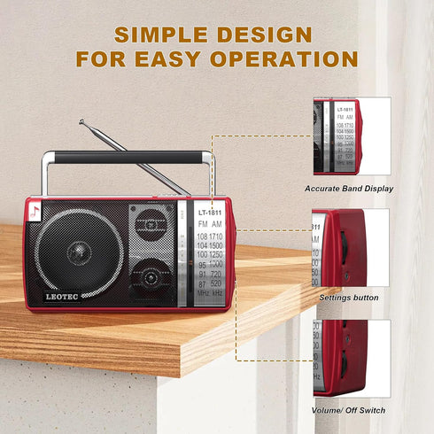 LEOTEC AM FM Radio, Portable Bluetooth Radio, Battery Operated, Best Reception with Headphone Jack, Handheld (Red)