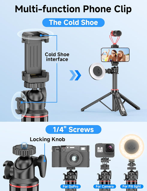 SelfieShow 360 16/15/Android Aluminum Selfie Stick Phone Tripod, Ball Head Selfie Stick for iPhone with Cold Shoe