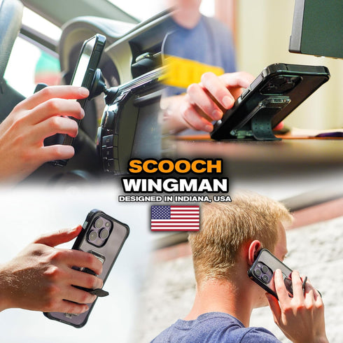 Scooch Wingman Case for iPhone 15 Plus with Stand, Military Grade Drop Protection, Pop-Out Kickstand - Tuxedo Clear