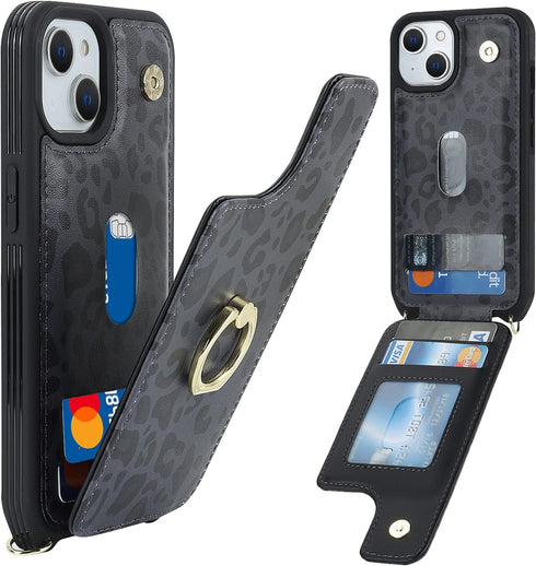 for iPhone 13 Case with Card Holder for Women,iPhone 13 Phone Case with Strap,Crossbody Lanyard,Ring Stand,Snap Clasp,Cute Wallet Cases for iPhone 13(6.1 inch,Black Leopard)