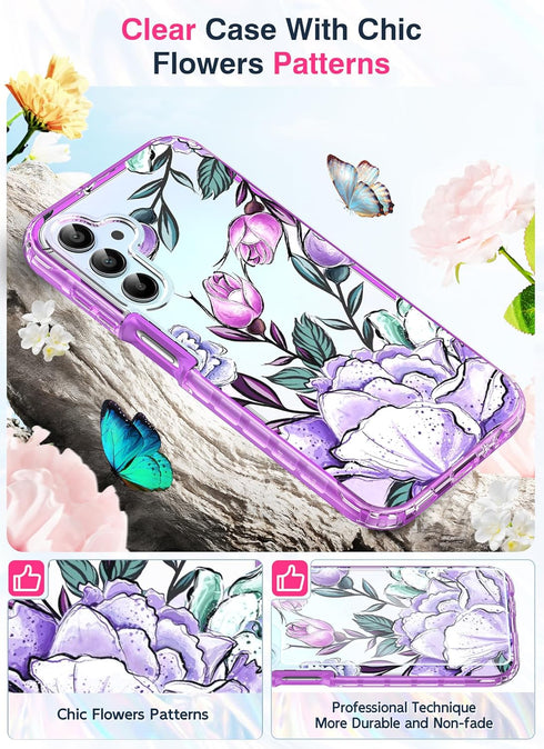 LeYi for Samsung Galaxy A15-5G Phone Case: with Glass Screen Protector, Dual Layer Exquisite Cute Flower Floral Pattern Full Body Protective Rugged Shockproof A 15 5G Case Cover for Women Girl, Purple