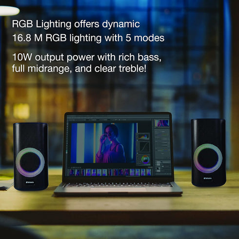 Verbatim RGB Gaming Stereo Desktop Speakers, Bluetooth 5.0, 3.5mm AUX-in Connection, Black