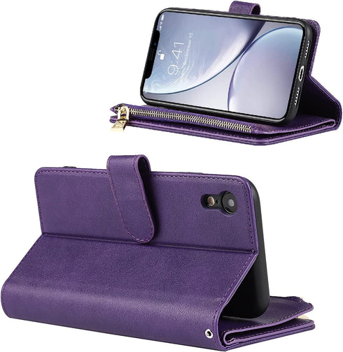 Jaorty Wallet Case for iPhone XR, 9 Card Slots, Wrist Strap, Zipper Cash Pocket, Magnetic Leather Cover, Purple