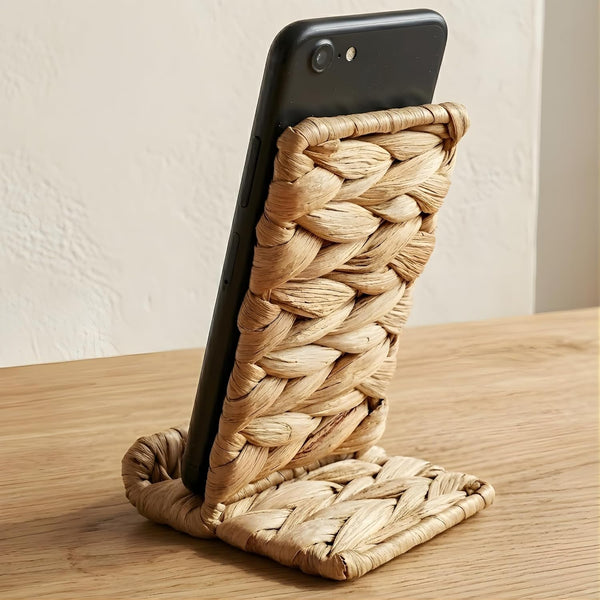 Tihoda Hylara Handwoven Wicker Phone Stand for Desk - Natural Water Hyacinth Cell