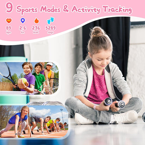 Kids Smart Watch, IP68 Waterproof Kids Fitness Tracker Watch with 1.4'' DIY Watch Face, Heart Rate/SpO2/Sleep Monitor, Pedometer, Alarm Clock and Game, Gifts for Teens Girls 5-12 Years Old