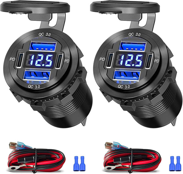 12V USB Outlet, 4 USB Port Aluminum Charger Socket, 2 USB C PD & 2 USB QC3.0 with Voltmeter for Car Boat Marine