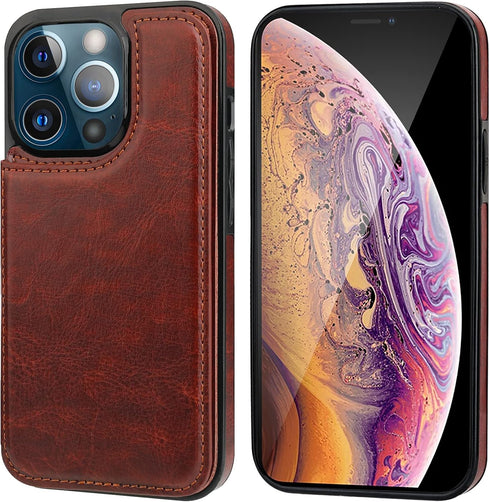ONETOP Compatible with iPhone 13 Pro Max Wallet Case, PU Leather Kickstand with Card Holder, Shockproof Cover (Brown)
