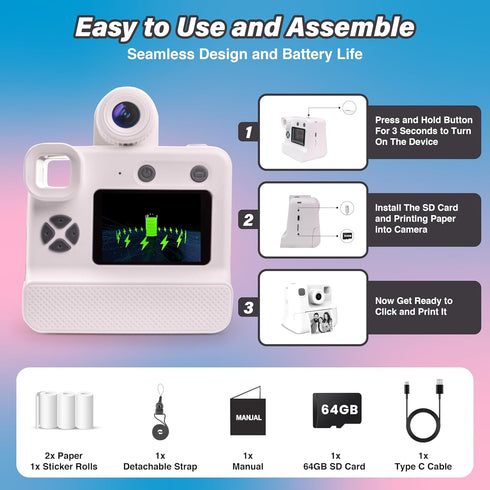 GabbaGoods Instant Print Kids Camera for Ages 3-9, Includes 32GB SD Card, Instant Thermal Print Feature, Toddler Camera