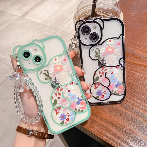 iPhone XR Case with Cute Flowers Bear Pattern, Clear Case and Lovely Strap Bracelet Chain for Girls Women, Compatible