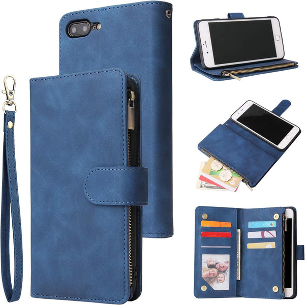 UEEBAI Wallet Case for iPhone 7 Plus, Premium Vintage PU Leather with Magnetic Closure, Zipper Pocket, Blue