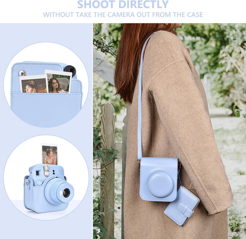 Camera Case and Album for Fujifilm Instax Mini 12, Carry Bag with Strap and Photo Album - Pastel Blue
