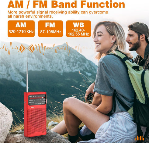Goodes NOAA Weather Radio AM FM, Transistor Radio with Loud Speaker, Headphone Jack, 2AA Battery Operated Radio for Long Range Reception, Portable Radio for Indoor, Outdoor and Emergency Use-Red