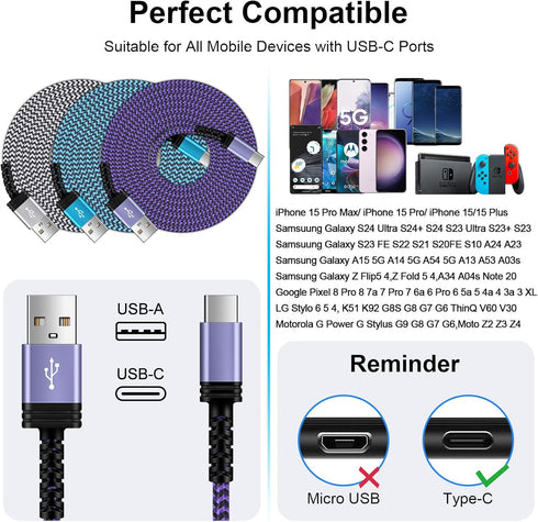 Type A to USB C Cable 10FT/3Pack for iPhone 15/15 Pro/15 Pro Max, Samsung Galaxy S24 Ultra, Fast Charging Car Charger