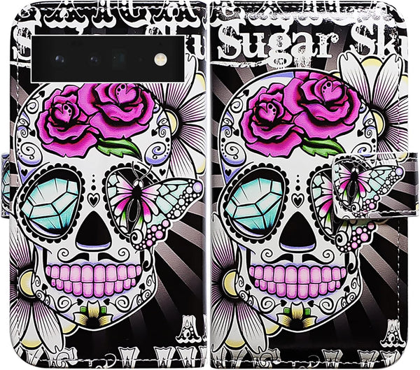 Purple Flower Sugar Skull Leather Flip Phone Case Wallet Cover with Card Slot Holder Kickstand for Google Pixel 6 Pro