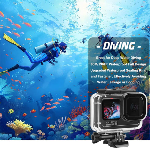 60M/196FT Waterproof Housing Case for Go Pro Hero12 Black/Hero11 Black/Hero10 Black/Hero9 Black, Protective Underwater