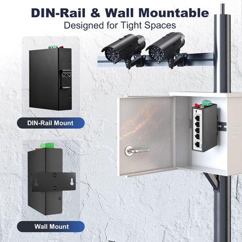 YuLinca 5 Port Mini PoE+ Industrial DIN-Rail Switch, 4 Ports PoE+ and 1 Uplink, 10/100Mbps Fast Ethernet - Unmanaged