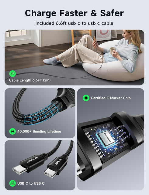 JSAUX 65W 3-Port 6.6FT 17, 2, USB C Wall Charger, GaN Fast Charger Block with Foldable Plug, Includes USB C Cable
