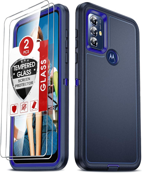 LeYi Heavy Duty Phone Case for Moto G Play 2023: 3-in-1 Military Grade Shockproof Cover with Screen Protector, Blue.