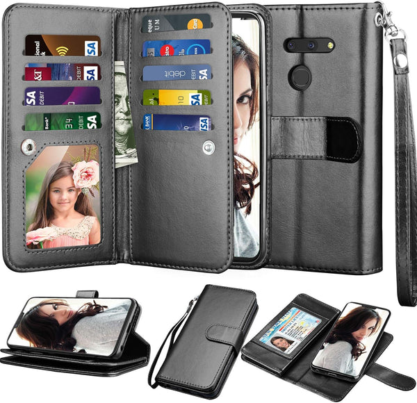 NJJEX Compatible with LG G8 ThinQ Case, PU Leather Wallet Case with 9 Card Slots, Detachable Kickstand, Black