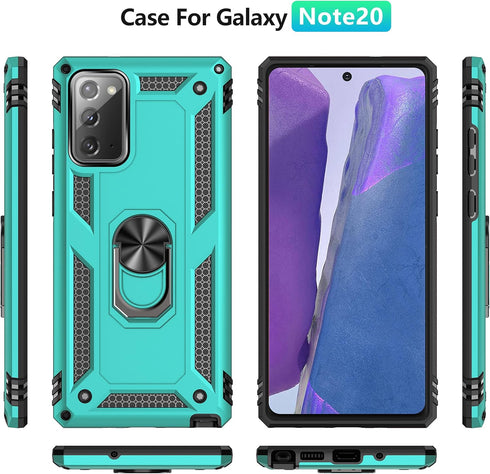 for Samsung Galaxy Note 20 Case, Note20 5G with HD Screen Protectors, Military-Grade Metal Ring Holder Kickstand, Teal