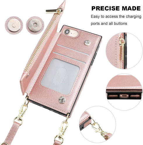 Bocasal Crossbody Wallet Case for iPhone SE 2022/SE 2020/7/8, Shockproof Purse Cover with Card Holder, Rose Gold
