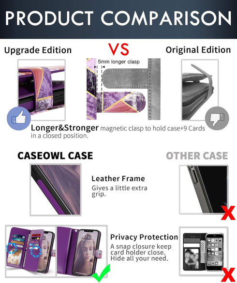 CASEOWL iPhone 13 Pro Max Wallet Case, Magnetic Detachable Leather Flip with 9 Card Holder, Strap, Marble Purple