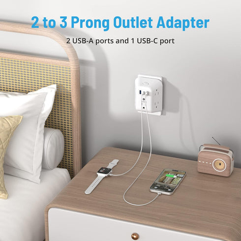 TROND 2 Prong Power Strip USB, 5 Outlet Splitter with 3 USB Ports (1 USB C), 2 to 3 Prong Outlet Adapter, Wall Mount