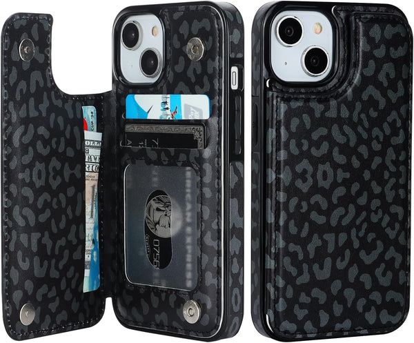 HAOPINSH Wallet Case for iPhone 13/14 with Card Holder, Black Leopard Cheetah Pattern Back Flip Case PU Leather