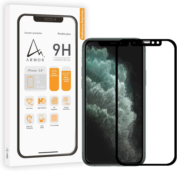 ARMOR 2.5D Full Coverage Flexible Glass Screen Protector for iPhone 11 Pro/XS/X, 9H Hardness, HD Clarity.
