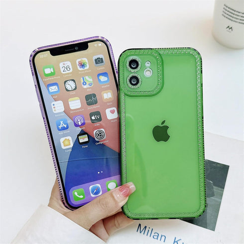 Cute Clear Bling Crystal Diamond iPhone 12 Case with Sparkle Camera Lens Protector, Soft TPU Cover for Women, Purple.