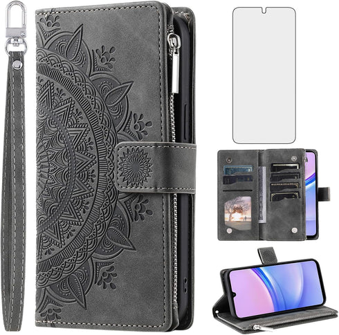 Asuwish Galaxy A15 5G Wallet Case with Tempered Glass, Wrist Strap, Mandala Flower, Credit Card Holder, Grey.