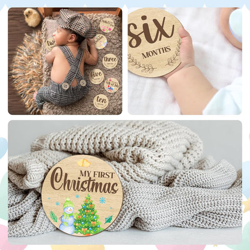 Glodecart 11PCS Baby Monthly Milestone for Photo Props, Wooden Double Sided Monthly Milestone Photo Cards for Baby