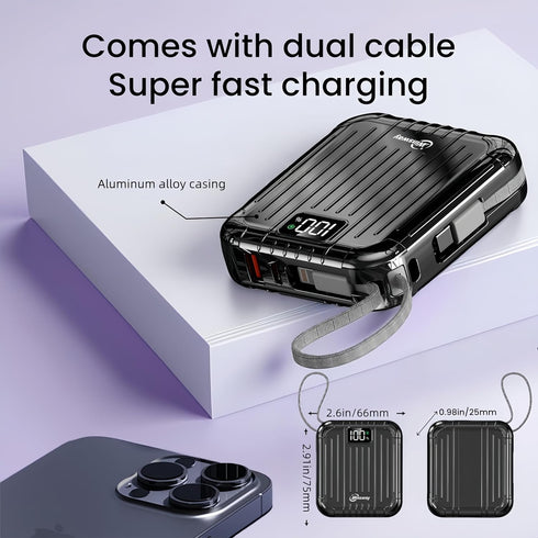 Winsway 10000mAh 22.5W 3A 4 2 Small Power Bank with Built in Cable, Fast Charging, Outputs Inputs, Mini Portable