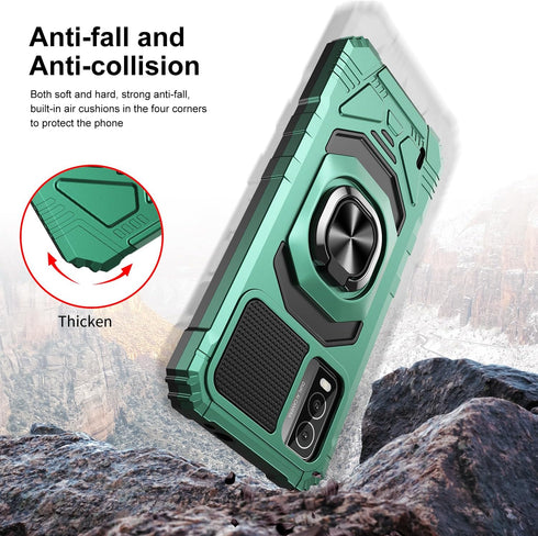 Nokia C210 Case with Tempered Glass Screen Protector, Military Grade Heavy Duty Shockproof Cover with Ring Kickstand,
